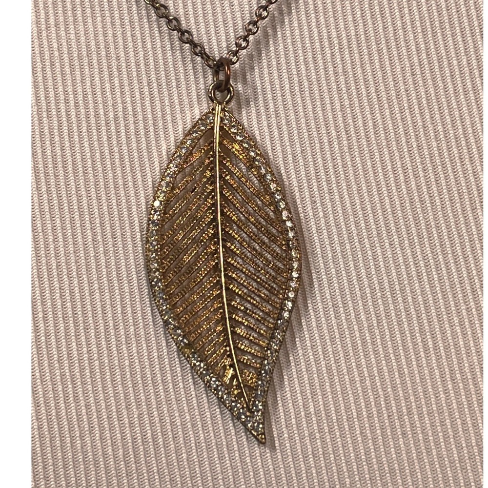 Aldo Leaf Pendant Necklace Antique Gold Tone Pave Rhinestone Long Necklace - Picture 2 of 9